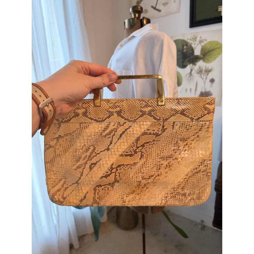 Vintage Snakeskin Patchwork Clutch Purse Brass Handle Exotic Leather Handbag